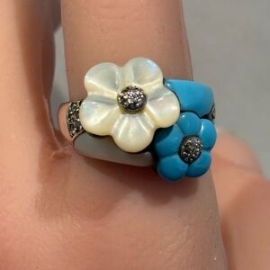 Artisan Sterling Silver Mother-of-Pearl & Turquoise Flower Statement Ring Size 8